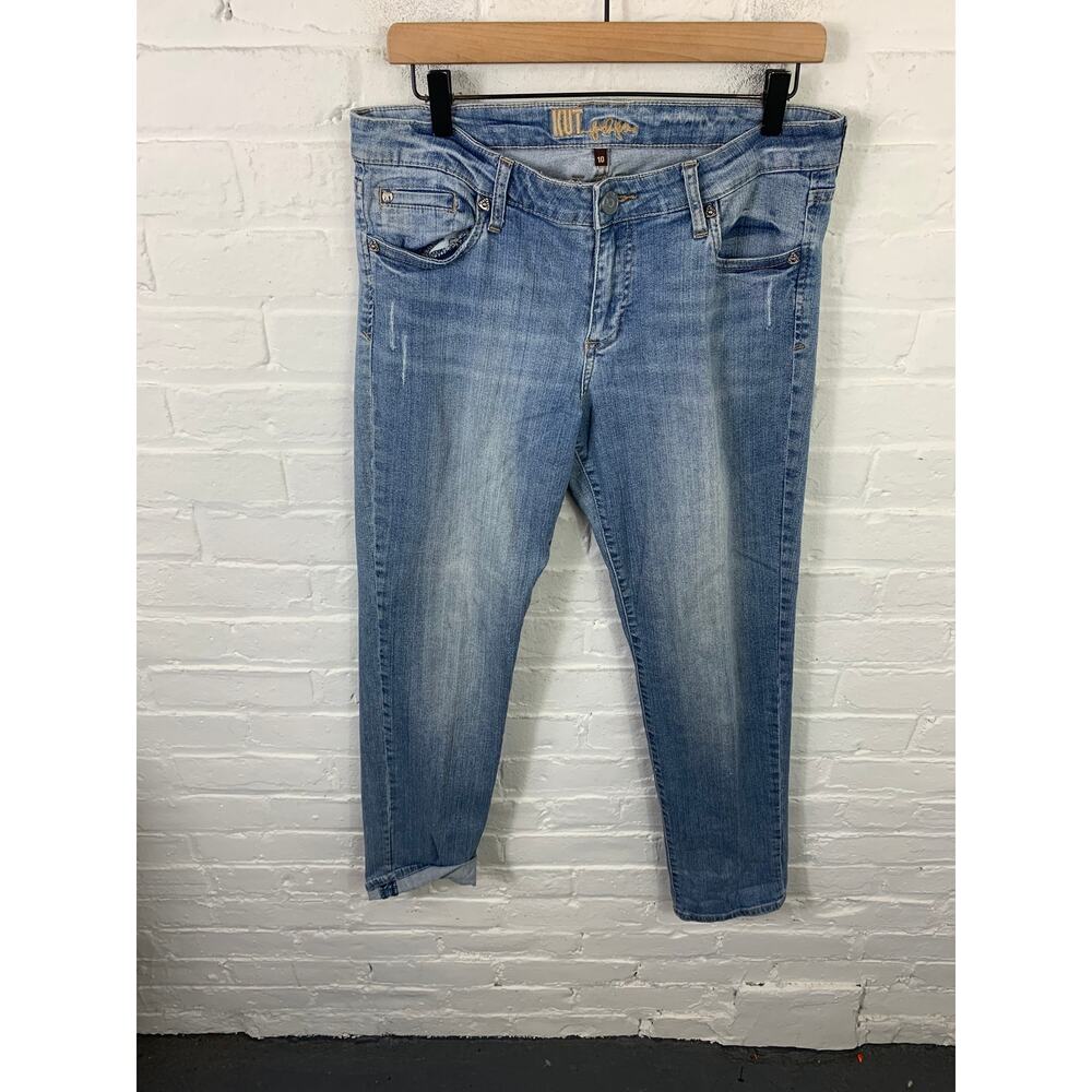 Kut from the Kloth Women's High Rise Straight Leg Denim Jeans Disressed Blue 10